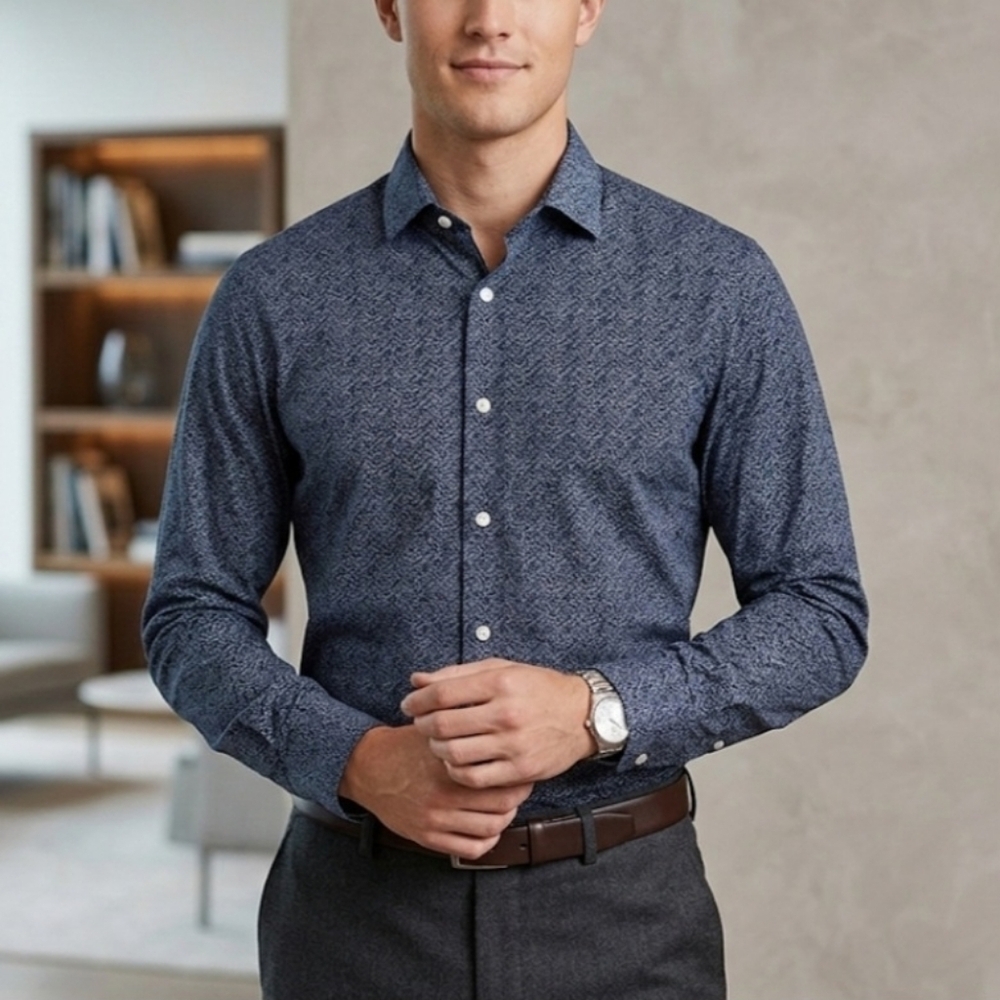 Bonobos Stretch Mens Dark Blue Print Button-down Size Medium 15.5